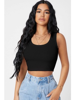 Zenvia Znva™ Kadın Siyah Kare Yaka Crop Top Bluz