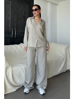 Madmext Boyalı Gri Uzun Kollu Çizgili Gömlek Pantolon Ikili Takım MG2329