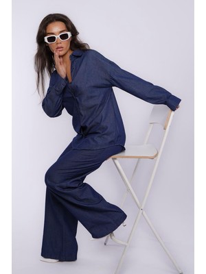 Madmext Mavi Basic Kadın Gömlek Pantolon Ikili Takım MG2383