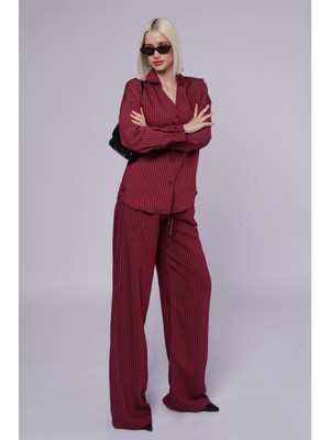 Madmext Bordo Uzun Kollu Çizgili Gömlek Pantolon Ikili Takım MG2329