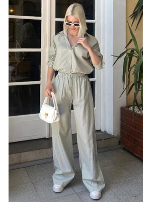 Madmext Yeşil Uzun Kollu Çizgili Gömlek Pantolon Ikili Takım MG2124