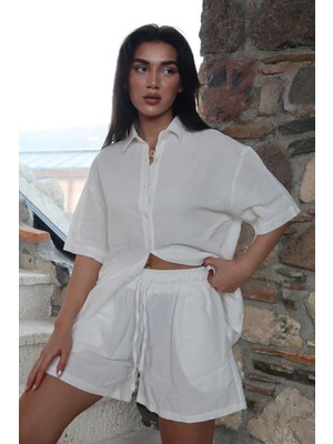 Madmext Beyaz Basic Kadın Şort Gömlek Takım MG2361