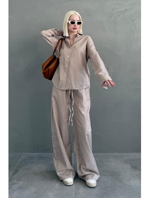 Madmext Camel Çizgili Gömlek Pantolon Kadın Takım MG2457