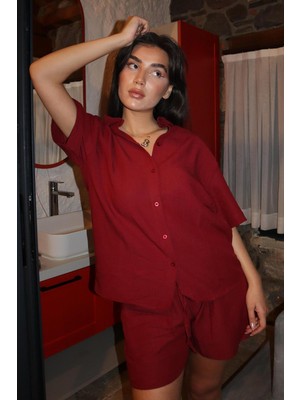 Madmext Bordo Basic Kadın Şort Gömlek Takım MG2361