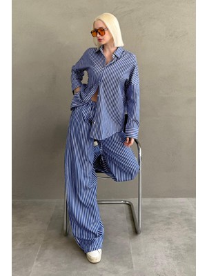 Madmext Lacivert Çizgili Gömlek Pantolon Kadın Takım MG2457