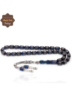 Midyat Nurtaş Gümüş Açık Mavi Kapsül Kesim Gümüş Işlemeli ve Püsküllü Ateş Kehribar Tesbih 201024948