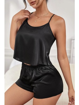 Zenvia Znva™ Kadın Siyah Asimetrik Sırt Dekolte Detaylı Şık Şortlu Gecelik Takım