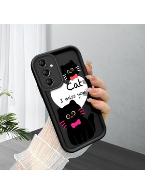 HONTINGA Samsung Galaxy A14 ile Uyumlu Kılıfı Düşüme Önleyici Basitlik Anti Düşme Kamera Korumali Şirin Kedi Siyah Desen Yumuşak Silikon Telefon Kılıfı Kadın ve Erkek Için Uygundur K2-0258