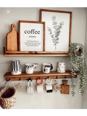 Medef Ahşap 70 cm Kahve Köşesi 2li Raf Set Terek Askılık ( 8 Adet Fincan Askılı)