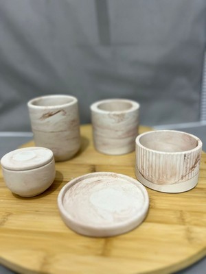 Mermer Desenli Krem 5’li Beton Dekoratif Set | Minimal Ev Aksesuarı