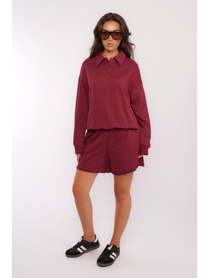 Madmext Bordo Polo Yaka Kadın Şort Sweatshirt Takım MG2375