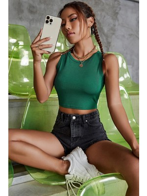 Zenvia Znva™ Kadın Yeşil Kare Yaka Crop Top Bluz