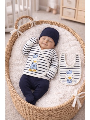 BYS Ticaret Denizci Ördek Çizgili %100 Pamuklu 5 'li Yenidoğan Erkek Bebek Hastane Çıkış Seti Kutulu