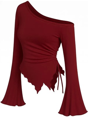 Zenvia Znva™ Kadın Bordo Uzun Ispanyol Kollu Asimetirik Yaka Yandan Bağlamalı Drapeli Bluz