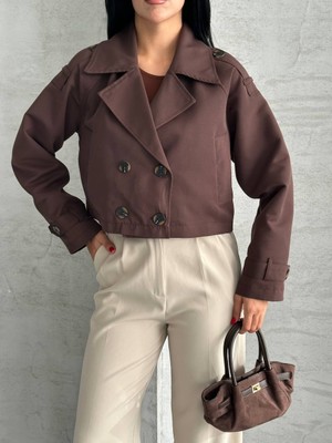 Narstorm Kadın Acı Kahve Crop Kısa Model Premium Trençkot