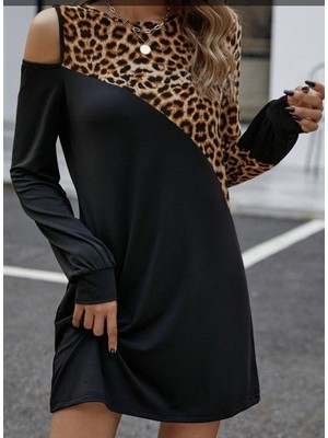 Marsilyan- Kadın Uzun Kollu Omuzdan Açık Leopar Desenli Viskon Iki Iplik Mini Elbise