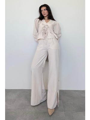 Madmext Bej Önü Bağlamalı Bluz Pantolon Takımı MG2343
