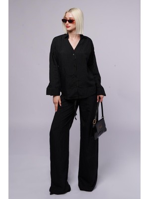 Madmext Siyah Uzun Kollu Çizgili Gömlek Pantolon Ikili Takım MG2329