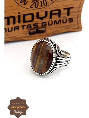 Midyat Nurtaş Gümüş Kaplangözü Taşlı Başak Desenli 925 Ayar Gümüş Erkek Yüzük 201024904