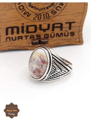 Midyat Nurtaş Gümüş Sütlü Yemen Akik Taşlı Baklava Motifli 925 Ayar Gümüş Erkek Yüzük 201024897
