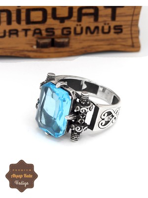 Midyat Nurtaş Gümüş Akuamarin Taşlı Motif Desenli 925 Ayar Gümüş Erkek Yüzük 201024909