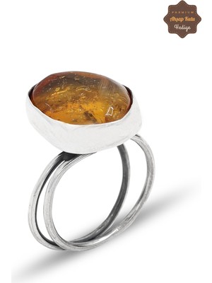 Midyat Nurtaş Gümüş Orijinal Şeffaf Kehribar Taşlı Sade Model Gümüş Kadın Yüzük 201024975