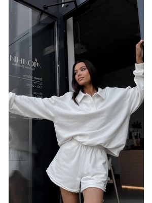 Madmext Ekru Polo Yaka Kadın Şort Sweatshirt Takım MG2375
