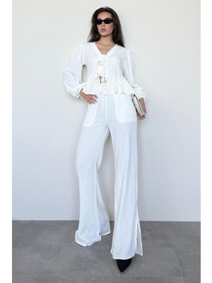 Madmext Ekru Önü Bağlamalı Bluz Pantolon Takımı MG2343