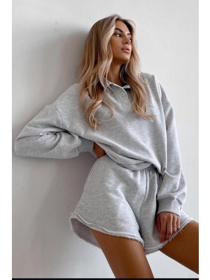 Madmext Gri Polo Yaka Kadın Şort Sweatshirt Takım MG2375
