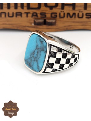 Midyat Nurtaş Gümüş Damarlı Firuze Taşlı Saat Motifli 925 Ayar Gümüş Erkek Yüzük 201024932