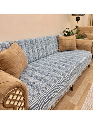 Koltuk Örtüsü Lüks Pamuklu Labirent Desen Kaymaz Çift Taraflı Saçaklı Dekoratif Günlük Kullanım