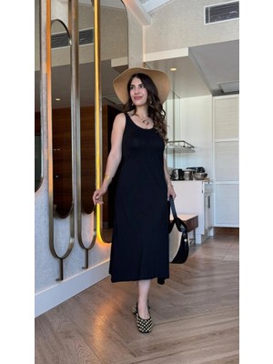 Marsilyan- Kadın Askılı Yuvarlak Yakalı Viskon Elbise