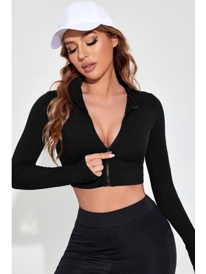 Zenvia Znva™ Kadın Siyah Uzun Kol Fermuarlı Parmak Geçme Detaylı Dik Yaka Crop Top Bluz