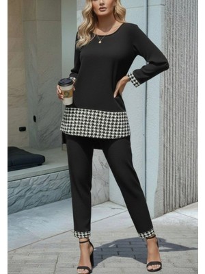 Marsilyan- Kadın Uzun Kollu Yuvarlak Yakalı Kaz Ayağı Detaylı Viskon Iki Iplik Bluz ve Pantolon Ikili Takım