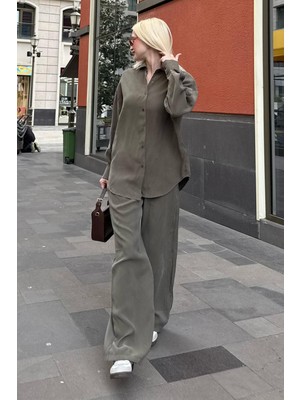 Madmext Haki Basic Kadın Gömlek Pantolon Ikili Takım MG2352