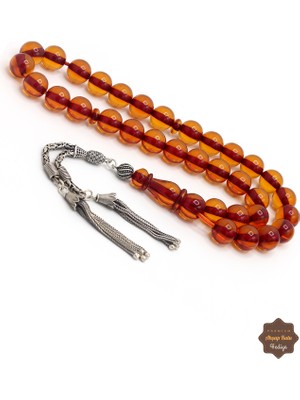 Midyat Nurtaş Gümüş Açık Kahverengi Büyük Boy Küre Kesim Gümüş Püsküllü Ateş Kehribar Tesbih 201024945