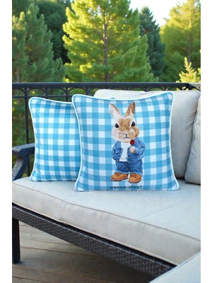 Visionario Kırlent Kılıfı 2'li Tavşan Desenli 45X45 Raşel Örme Kadife Çift Taraflı Dijital Baskı Beyaz Biyeli