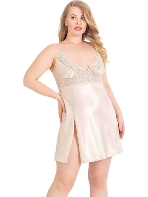 Vip Marketim Vipmarketim  Büyük Beden Fildişi Kısa Saten Gecelik