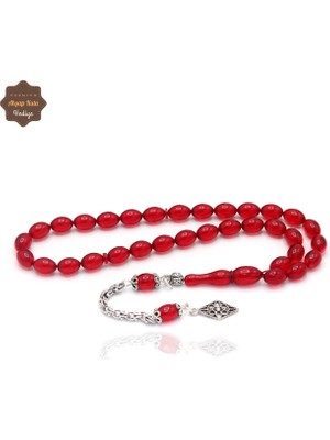 Midyat Nurtaş Gümüş Kırmızı Arpa Kesim Küçük Boy Gümüş Ivme Püsküllü Ateş Kehribar Tesbih 201024966