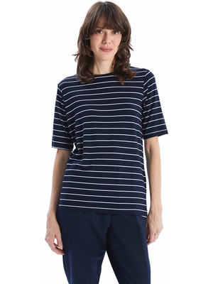 Lc Waikiki Yeni Sezon Bisiklet Yaka Çizgili Kadın Tişört