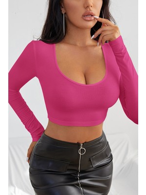Zenvia Znva™ Kadın Fuşya Uzun Kol Kare Yaka Crop Top Bluz