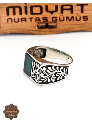 Midyat Nurtaş Gümüş Zümrüt Taşlı Yaprak Motifli 925 Ayar Gümüş Erkek Yüzük 201024890