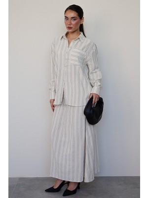 Madmext Ekru Çizgili Keten Etek Gömlek Takım MG2447