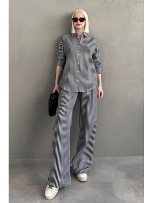 Madmext Siyah Çizgili Gömlek Pantolon Kadın Takım MG2457
