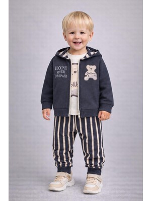 Dinamik çocuk Erkek Bebek 3'lü Hırkalı Mevsimlik Takım Kapüşonlu Fermuarlı+Badili+Çizgili Alt Eşofman 6-9-12-18-24AYLIK