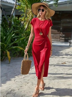 Marsilyan- Kadın Kısa Kollu Bisiklet Yaka Yandan Yırtmaçlı Viskon Midi Elbise