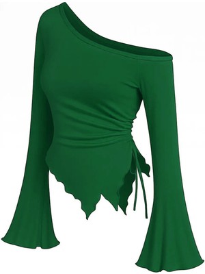 Zenvia Znva™ Kadın Yeşil Uzun Ispanyol Kollu Asimetirik Yaka Yandan Bağlamalı Drapeli Bluz