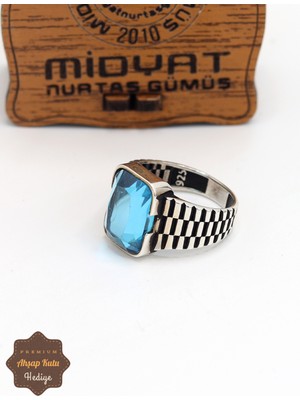 Midyat Nurtaş Gümüş Akuamarin Taşlı Saat Model 925 Ayar Gümüş Erkek Yüzük 201024853