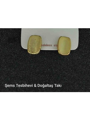 Şems Tesbihevi & Doğaltaş Takı Altın Kaplama Örgü Desenli Dikdörtgen Kadın Küpe Paslanmaz Çelik, Modern Tasarım