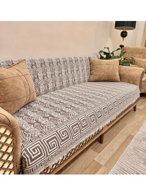Koltuk Örtüsü Lüks Pamuklu Labirent Desen Kaymaz Çift Taraflı Saçaklı Dekoratif Günlük Kullanım